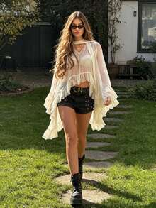 Boho Coquette Sheer Ruffle Kimono - Flowy Chiffon Open Front Cover-Up With Neck Scarf - Trắng ngà - Xem 2