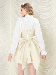 Vestido corto elegante sencillo de color liso con tirantes finos, tejido satinado con lazo grande trasero y falda acampanada, ideal para uso diario de primavera y verano - Rosa - Ver 10