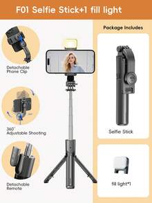 Luz de Relleno LED Portátil Palo Selfie, Palo Selfie Extensible Trípode, Trípode con Control Remoto Inalámbrico, Ligero y Portátil, Compatible con Sistemas iOS y Android, y talla grande, Adecuado para Selfie/Transmisión en Vivo/Fotografía, Perfecto para Vacaciones y Viajes - Luz de belleza negra - Ver 12