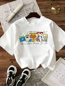 Disney "Toy Story 5" Themed Cartoon Print, Casual Short-Sleeved T-Shirt, Fashionable And Comfortable For Spring And Summer Wear, Perfect As A Festive Gift. - trắng - Xem 2
