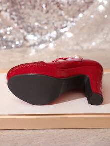 11.3cm Super High Heel Round Toe Pumps, Thick Platform, Patent Leather Patchwork, Pearl Buckle, Large Size Cheongsam Wedding Party Shoes For Women - Red - View 7
