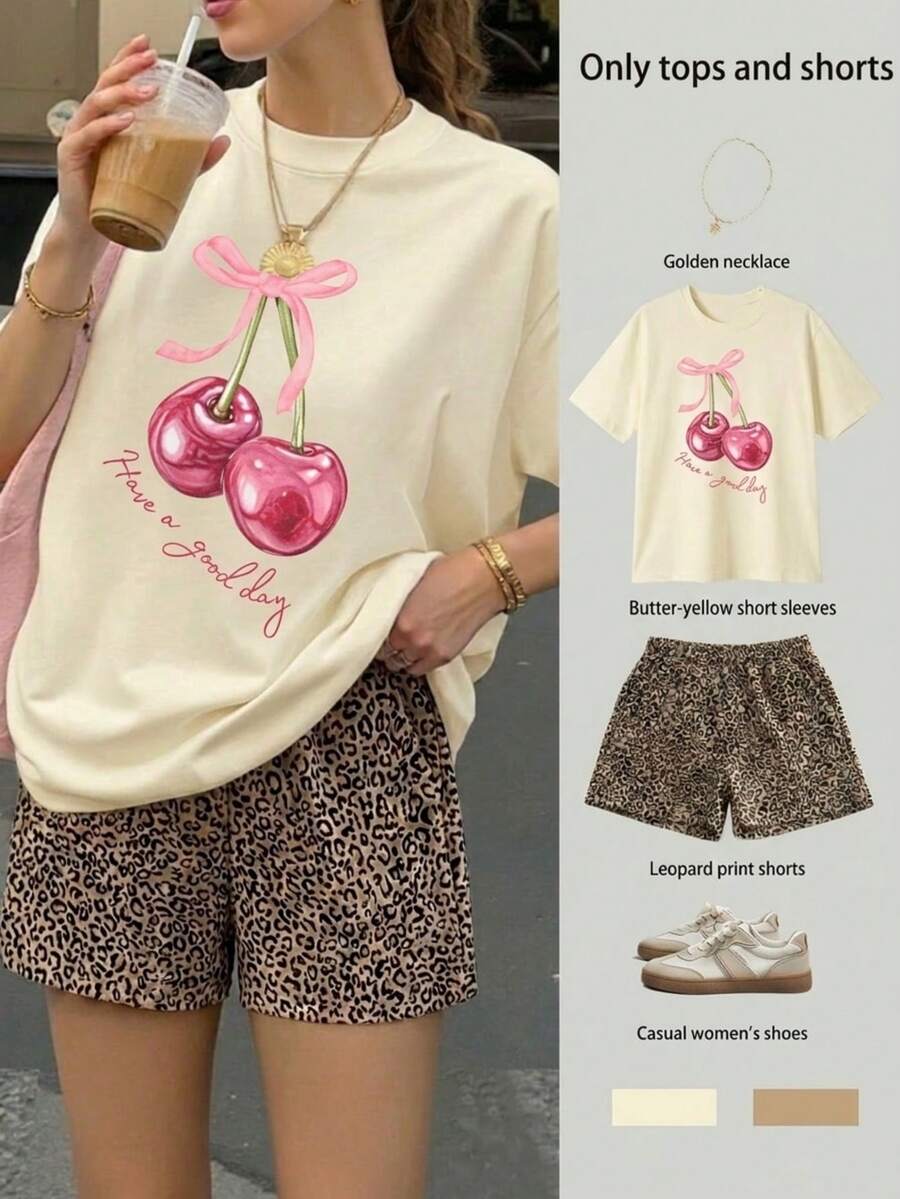 2 piezas Conjunto de top de manga corta con estampado CEREZAy short animal print estampado animal para mujer- Traje de verano de dos piezas para mujer para vacaciones en la playa - Beis - Ver 1