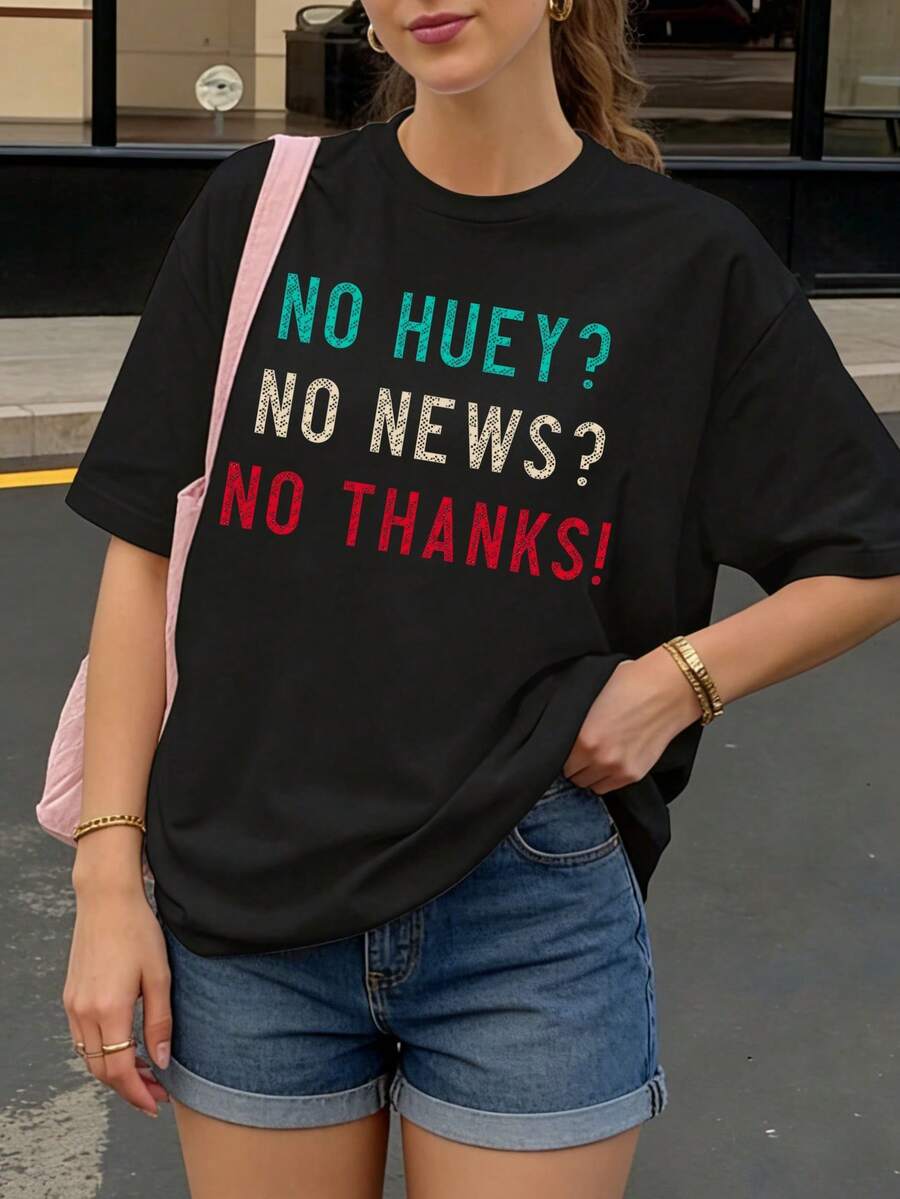 Camiseta negra con estampado No Huey No News No Thanks para mujer estilo casual - Negro - Ver 1