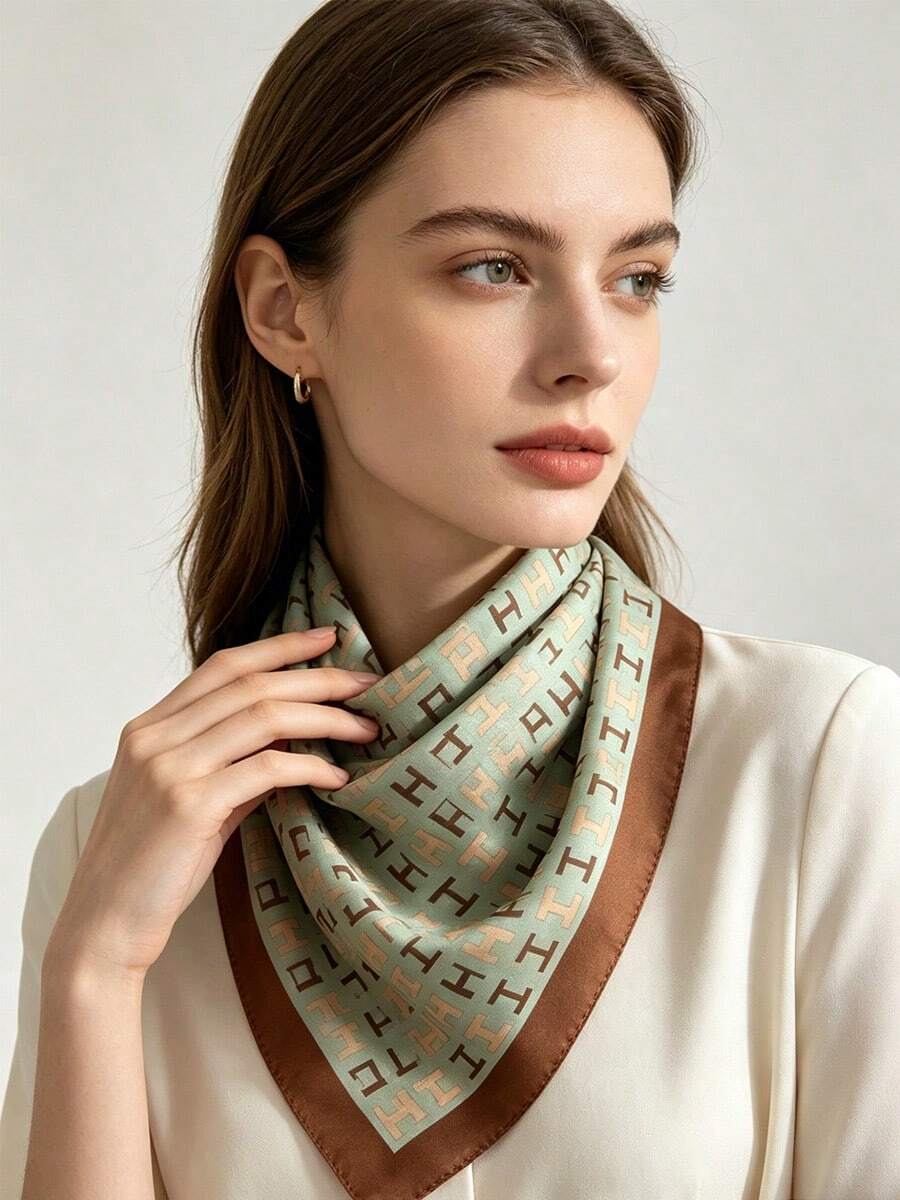 绿色字母印花缎面围巾，优雅时尚的女士办公服饰 - 綠色 - 查看 1