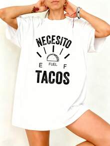 Camiseta Oversize Blanca Necesito Fuel Tacos Estampado Divertido para Fiesta y Verano - Blanco - Ver 1