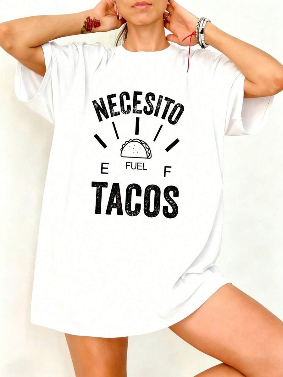 Camiseta Oversize Blanca Necesito Fuel Tacos Estampado Divertido para Fiesta y Verano - Blanco - Ver 1
