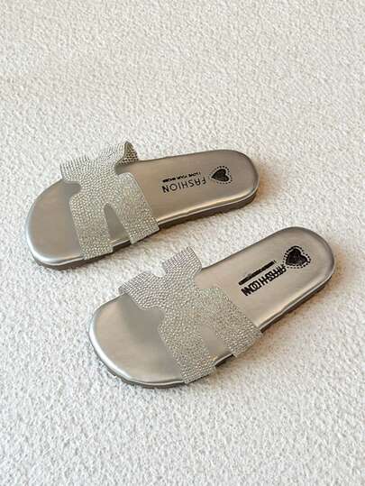 Summer New Girls Shoes, Students Children Flat Sandals, Soft Bottom Rhinestone Big Kids Slip-On Slippers, Fashion Girls Beach Slides, Toddler Student Sandals