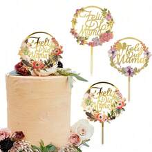 1pc/3pcs/5pcs Acrylic "Feliz Dia Mama" Floral Mother's Day Cake Topper, Suitable For Mother's Day Party Cake Decorations - Multicolor - View 2