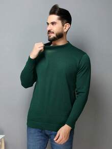 Men's Plain Wool Knit Sweater With Round Neck And Long Sleeves For Winter - 墨綠色 - 查看 5