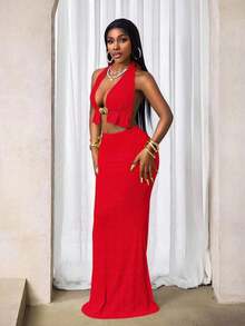 Conjunto de top halter metálico calado y minifalda para mujer - Rojo - Ver 5