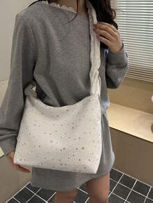 Túi xách đeo vai cỡ lớn bằng vải canvas, thiết kế độc đáo kiểu Hàn Quốc, đa năng, họa tiết chấm bi nơ, xếp ly, hình đám mây, dành cho nữ. - Màu be - Xem 8