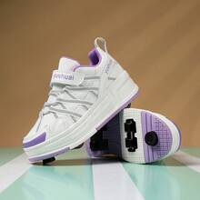 Girls/Boys 4-Wheel Adjustable Inline Skates With Brake, Transformable Roller Shoes, Suitable For All Seasons - White and Purple Four-wheel - View 6
