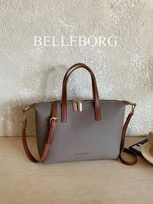 Bolso de mano grande, ligero y minimalista con textura de lichi para mujer - Gris - Ver 5
