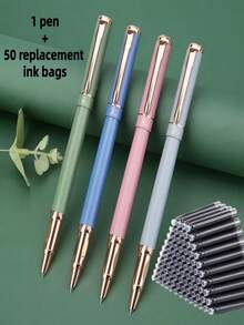 1 Pen + 50pcs Refill Cartridges Set, Minimalist Fashionable Metal Pen, Simple & Elegant, Smooth Writing, Suitable As Reward Or Holiday Gift - 51pcs Set - View 1