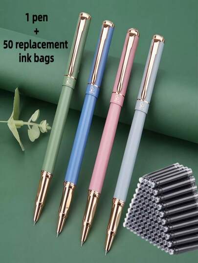 1 Pen + 50pcs Refill Cartridges Set, Minimalist Fashionable Metal Pen, Simple & Elegant, Smooth Writing, Suitable As Reward Or Holiday Gift