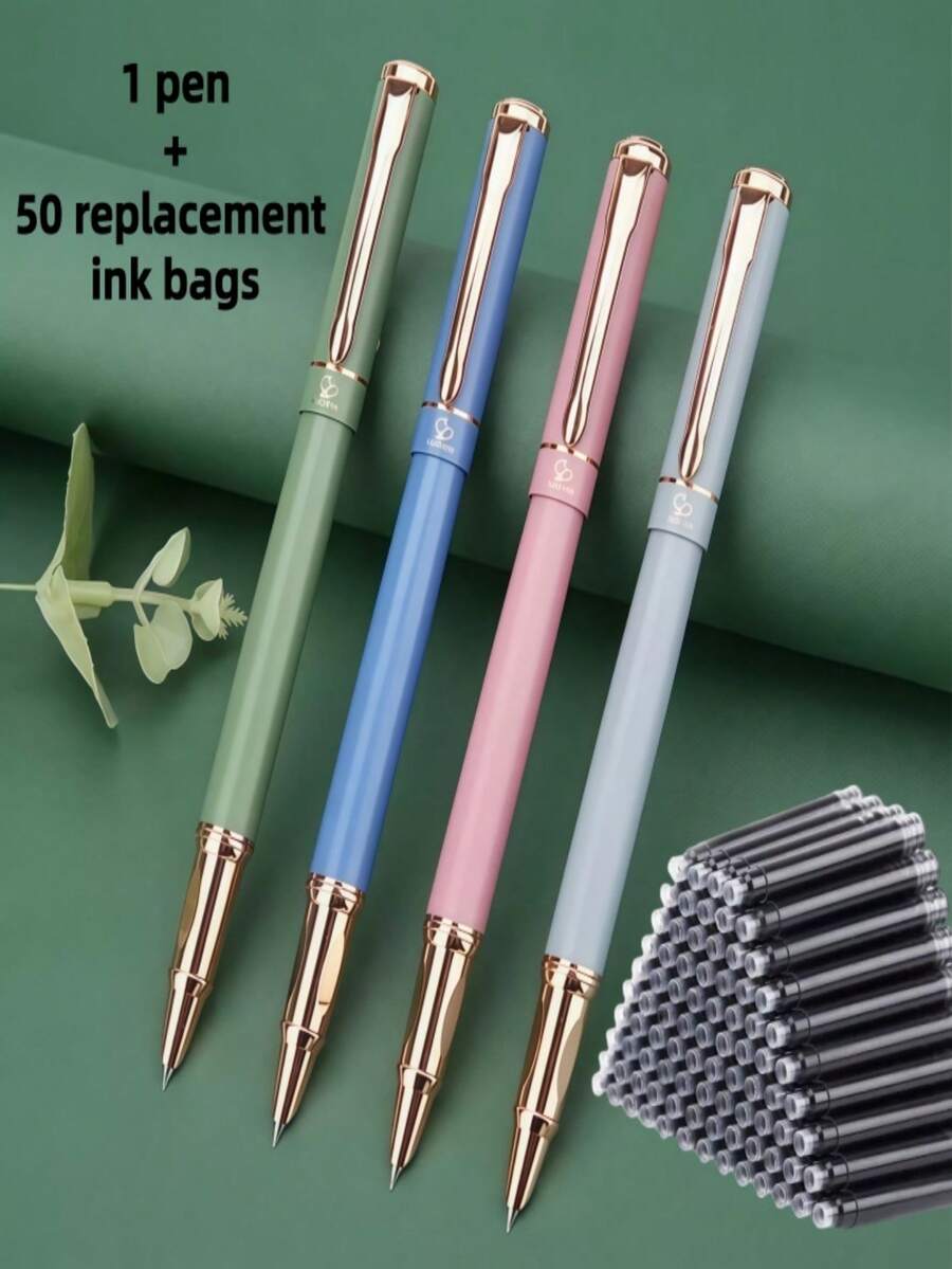 1 Pen + 50pcs Refill Cartridges Set, Minimalist Fashionable Metal Pen, Simple & Elegant, Smooth Writing, Suitable As Reward Or Holiday Gift - 51pcs Set - View 1