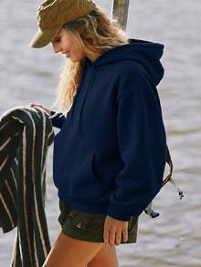 Speed mate [Spring] Women's Hooded Sweatshirt With Kangaroo Pocket - Lightweight Loose Pullover Suitable For Spring And Autumn - Navy Blue - View 3
