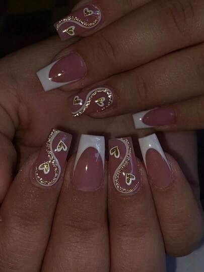 Bộ 24 miếng dán móng tay acrylic tối giản, thanh lịch, độ dài trung bình, hình trái tim kiểu Pháp, viền trắng lấp lánh, thiết kế tối giản, phong cách nhẹ nhàng và ngọt ngào, phù hợp cho sử dụng hàng ngày, hẹn hò, trà chiều, hoạt động ngoài trời, phụ kiện móng tay dán.