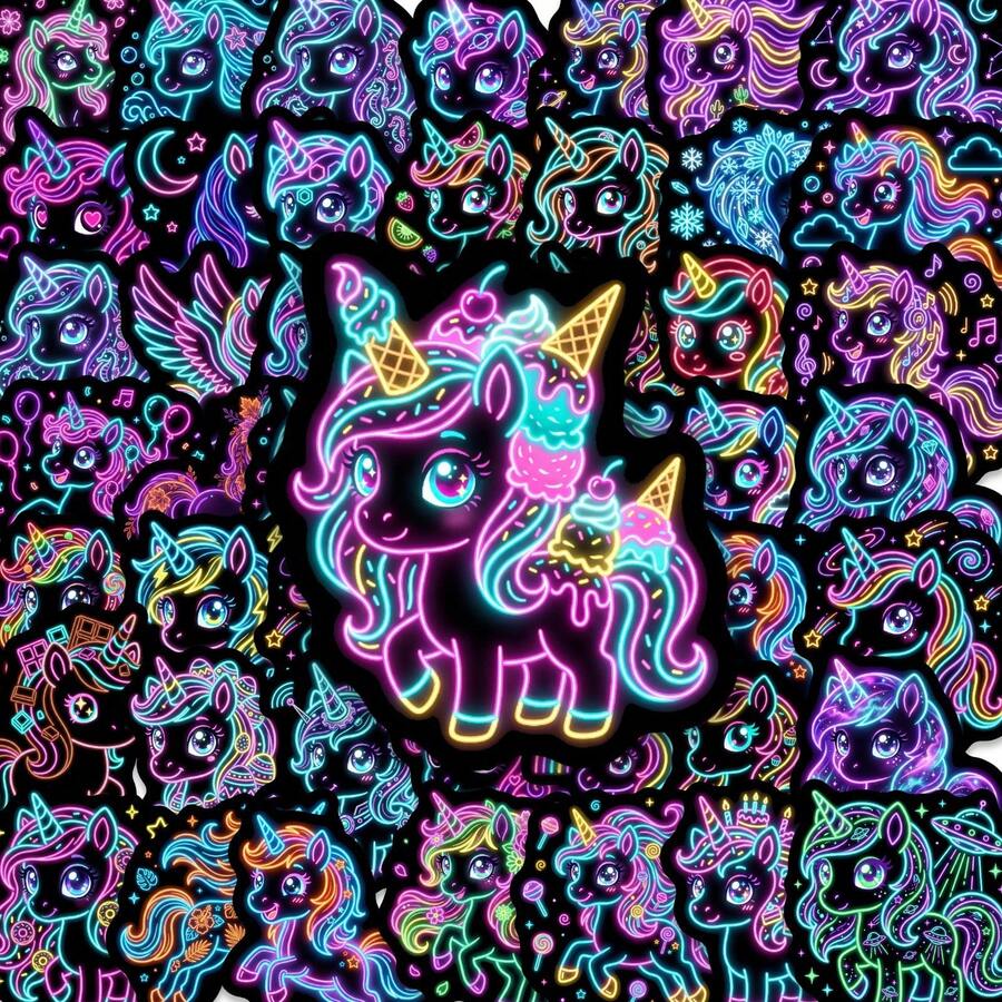 50pcs New Neon Unicorn Sticker Set, Creative Cute Rainbow Horse Decorative Materials, Waterproof Graffiti Stickers - 50 Neon Unicorn Stickers - View 1