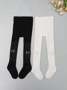 2pcs Girls' Butterfly Rhinestone Solid Vertical Striped Tights, Sweet & Cute, Suitable For Girls' Daily Wear - Black and White - View 4