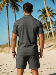 Bộ 2 món thời trang nam, màu trơn, áo polo tay ngắn và quần short, thích hợp cho đi biển, đi làm, tập gym, dã ngoại cuối tuần. - Xám - Xem 2