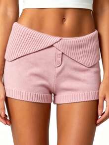 Shorts de punto para mujer, corte ajustado informal, elegantes, de color liso, con botones, elástico acanalado y tiro bajo. - Rosa - Ver 6