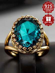 1 chiếc nhẫn bạc 925 cao cấp, đính đá Cubic Zirconia tổng hợp màu xanh nhạt, chế tác chạm khắc tinh xảo, trang sức cao cấp sang trọng, kích cỡ 7-11, phù hợp đeo hàng ngày, món quà hoàn hảo cho mọi dịp đặc biệt như Ngày của Mẹ/Giáng sinh/Ngày lễ tình nhân/Sinh nhật, kèm hộp quà. - Vàng - Xem 5