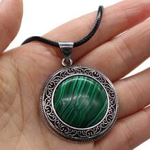 38x42mm Natural Crystal Agate Semi-Precious Stone Round Pendant, Gemstone Inlaid Alloy Abalone Shell Necklace - Water Drop Natural Stone Pendant - View 16