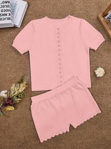 2pcs Women Short Sleeve Round Neck Multi-Button Knit Cardigan Top Paired With Elastic Waist Fitted Shorts, Casual Spring Outfit Pink - Pink - View 4