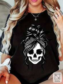 MPLSL|Camiseta de estilo casual y cómoda con estampado gráfico llamativo para mujer, ideal para salidas informales y ocasiones especiales, disponible en tallas S a XL y colores negro y blanco, categorí - Negro - Ver 1