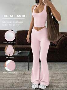 女士两件套夏季修身纯色深V性感上衣搭配高腰提臀迷你裤套装，适合运动瑜伽普拉提健身跑步穿着，粉色 - 粉色 - 查看 1