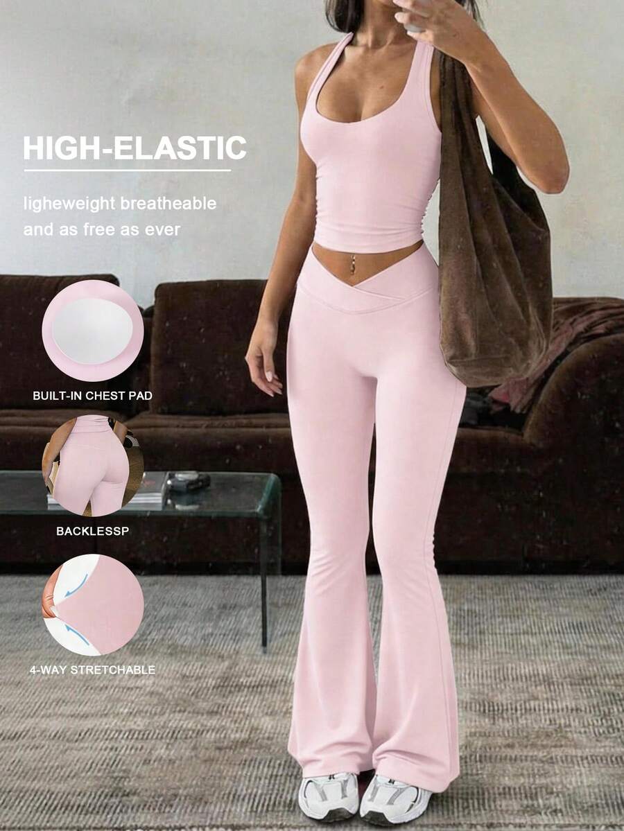 女士两件套夏季修身纯色深V性感上衣搭配高腰提臀迷你裤套装，适合运动瑜伽普拉提健身跑步穿着，粉色 - 粉色 - 查看 1