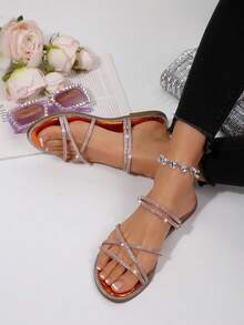 Minimalist Lightweight Round Toe Criss-Cross Strap Solid Color Glass Rhinestone Slip-On Sandals, Women Summer New Style Flat Sandals Suitable For Dresses, Fairy Style Two-Way Wear - Orange - View 6