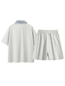 Conjunto de 2 piezas de camisa tipo polo con media cremallera y pantalones cortos a cuadros de estilo patchwork para hombre, conjunto informal y holgado - Beis - Ver 3