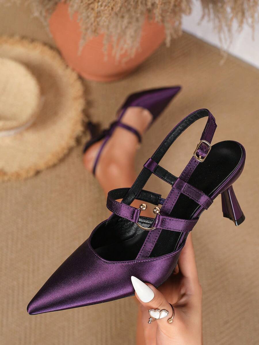 Giày cao gót mũi nhọn màu tím, quai satin, sandal hở gót, giày dự tiệc thanh lịch dành cho nữ, mùa xuân/hè. - Màu tím - Xem 1