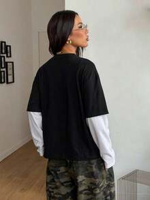 TopstopsCoolane Women's & Men's Spring/Summer Couple Same Style Streetwear Goth Grunge Punk Casual Vintage  Cotton Graphics Comfortable Round Neck Patchwork Brown And Beige Oversized Long Sleeve  T-ShirtLoose And Comfortablesummer Topssummer Tops - 黑色 - 查看 8