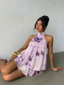 Vestido mini elegante de mujer con cuello halter y lazo en color amarillo claro - Multicolor - Ver 5