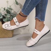 Teens' British Style Double Buckle Shoes, Round Toe Mary Jane Shoes, Retro School Uniform Shoes, All Season - Beige - View 10