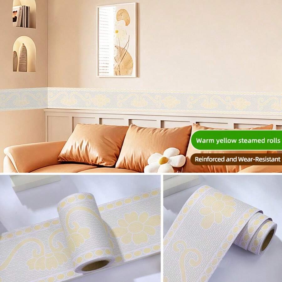 Cenefa adhesiva decorativa para azulejos, borde de pared decorativo para cocina, baño, zócalo impermeable - Rollitos de flores de color amarillo cálido - Ver 1