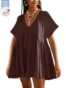 Women Summer T Shirt Dress Short Sleeve Mini Loose V Neck Flowy Pocket Sundress Casual Beach Loungewear Sporty - 咖啡 - 查看 1