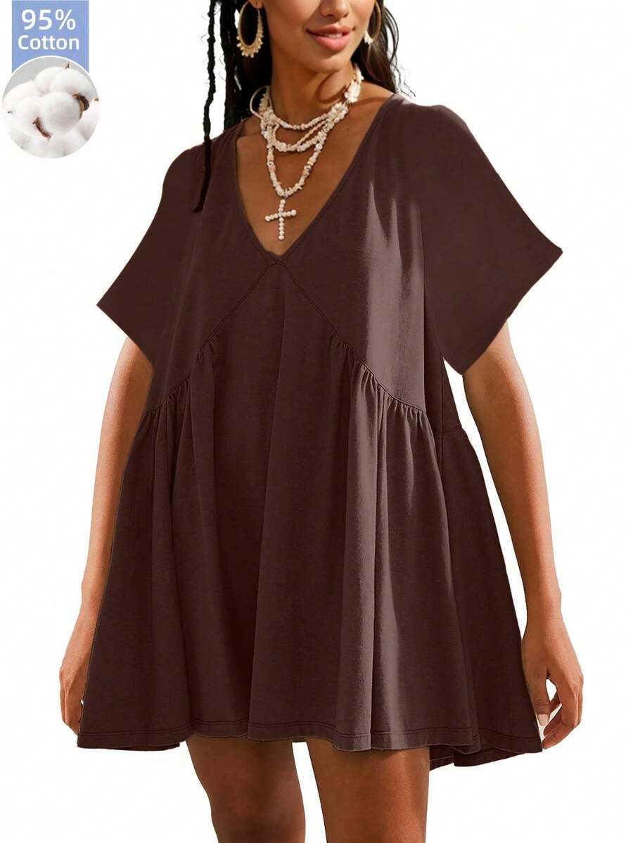 Women Summer T Shirt Dress Short Sleeve Mini Loose V Neck Flowy Pocket Sundress Casual Beach Loungewear Sporty - 咖啡 - 查看 1