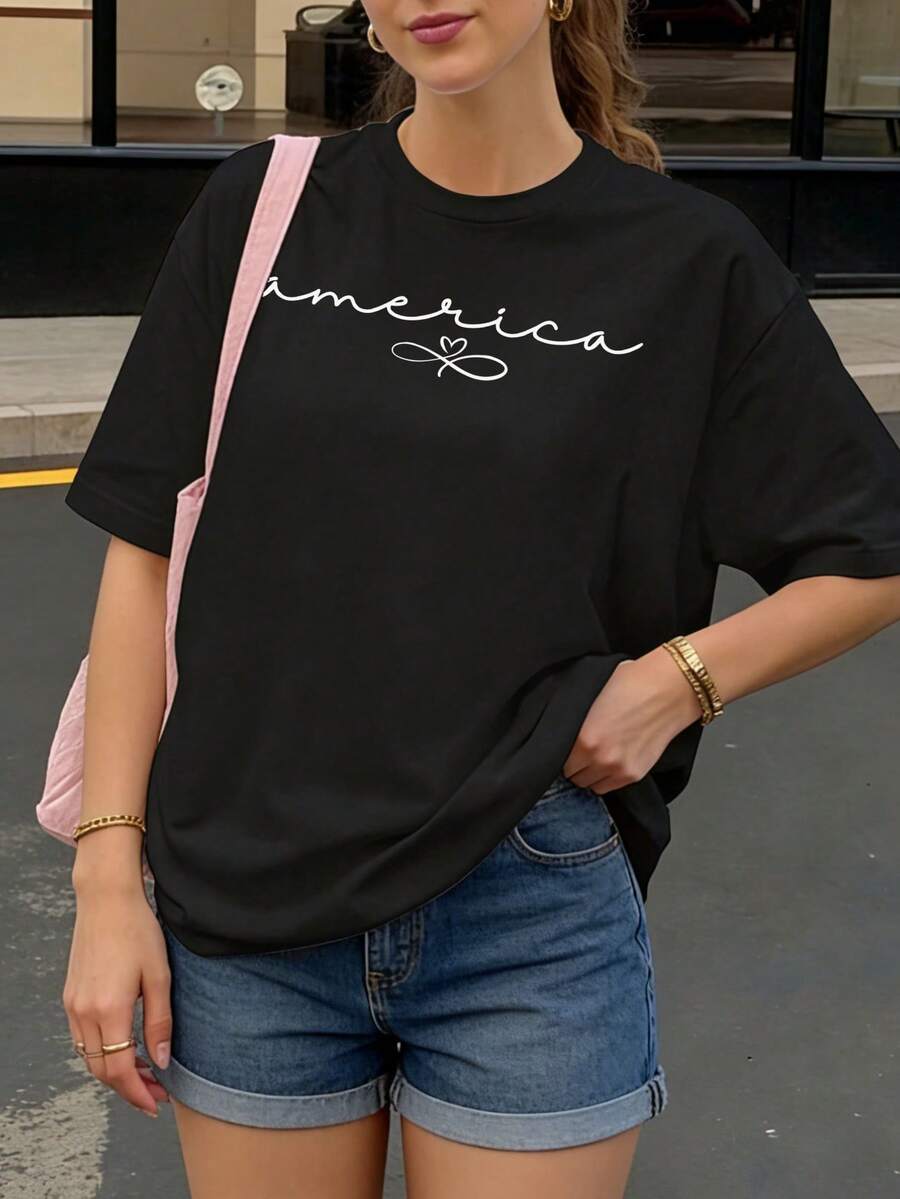 Camiseta Oversize Negra con Estampado America para Mujer Verano Casual - Negro - Ver 1