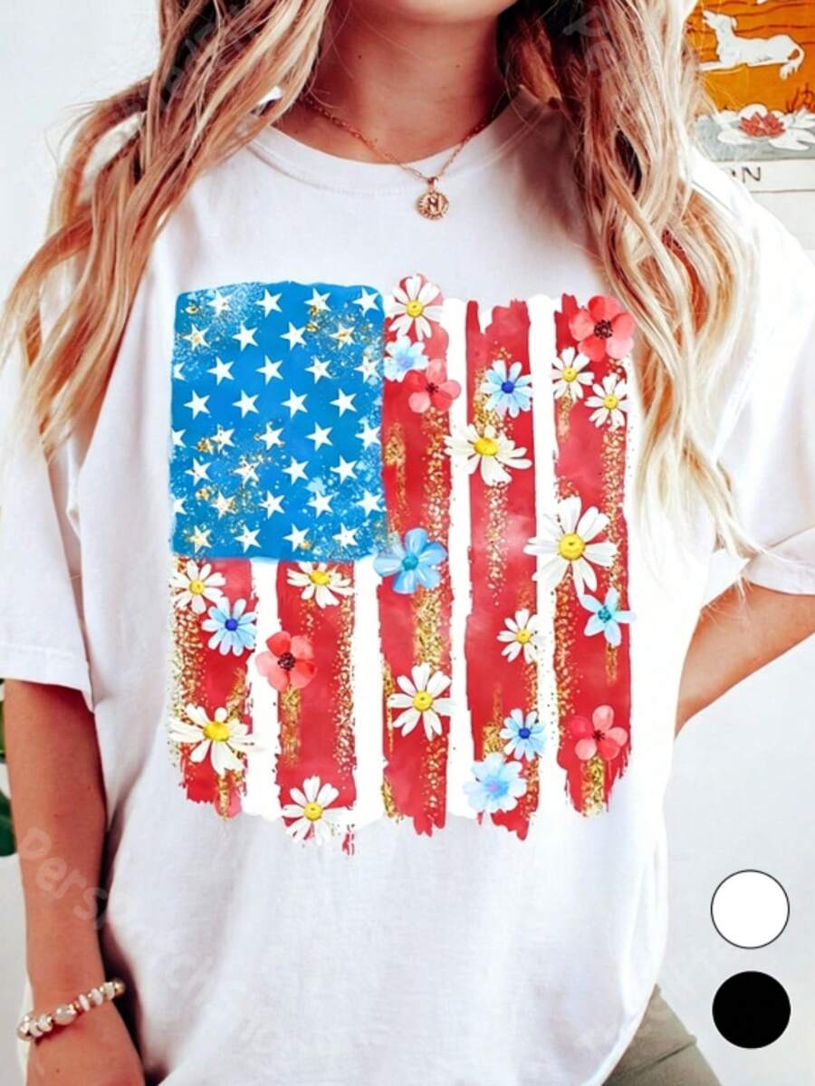 Comfortable T-Shirt With Flag And Floral Brushstroke Design, Perfect For Celebrating The 4th Of July.This 100% Cotton T-Shirt Is An Ideal Choice For Casual Wear All Year Round And Makes A Great Commemorative Gift For Family And Friends On America's National DayUnisex T-Shirts For Summer Outings - 白色 - 查看 1