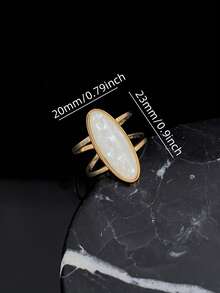 SEEKGLEE 1pc Oval White Shell Open Ring, Golden Plated Stainless Steel Band, Daily Wear Jewelry For Women - White - View 2
