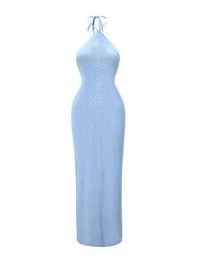 Robe longue en tricot de couleur unie pour femmes Vuslat, convenant pour les trajets quotidiens, les fêtes, les vacances, les voyages, les vacances décontractées - Bleu ciel - Voir 5