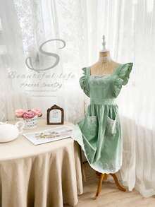 Women's Cooking And Baking Apron: French Vintage Lace Floral Apron With Ruffled Criss-Cross Straps And Lace Pockets. Suitable For Cooking, Baking, Housework, Rustic Home Decor, And Festive Parties; Makes A Lovely Gift - Multicolor - View 3