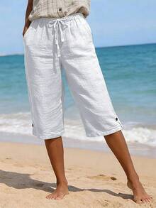 Pantalones Capri de Mujer, Color Sólido, Algodón y Lino, Corte Holgado, Cinturón Delantero y Trasero, Múltiples Bolsillos - Beis - Ver 1