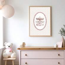 1pc Framed/Unframed Pink Floral Carousel Nursery Canvas Poster Cute Cottagecore Wall Art Print Minimalist Baby Girl Room Decor Chic Scroll Painting For Playroom,Kids Room,Bedroom,Modern Home Decoration - A - View 2