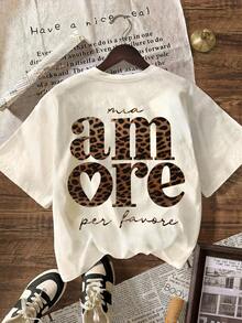Áo thun nữ in họa tiết da báo "AMORE", kiểu dáng tối giản, cổ tròn, màu trơn, thích hợp cho mùa hè. - mai nhẹ - Xem 2