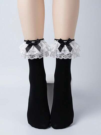 1 đôi tất Lolita nhiều lớp ren, trang trí nơ, dài đến đầu gối, kiểu dáng nữ sinh Nhật Bản dễ thương.